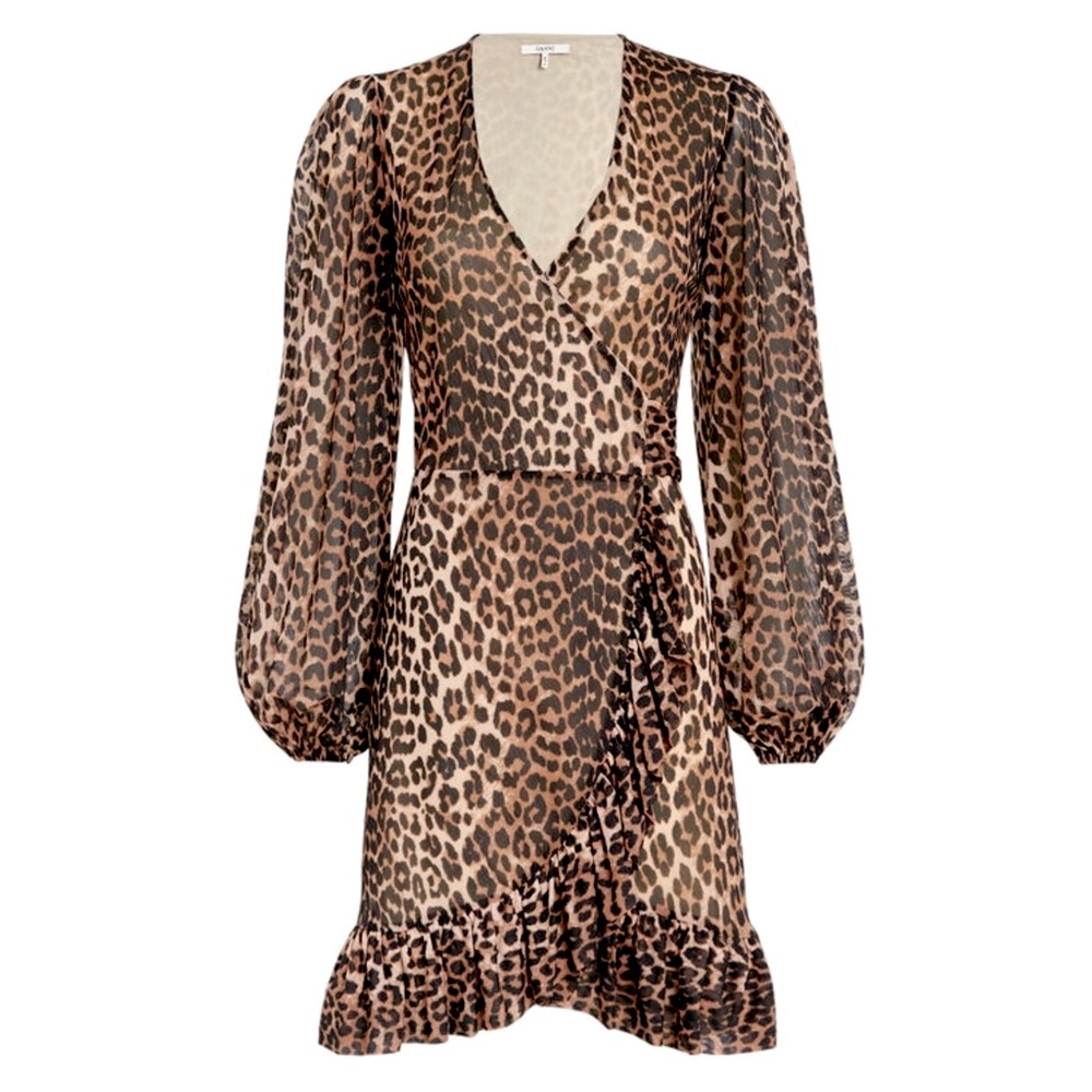 GANNI Leopard Print Mini Wrap Dress — Small